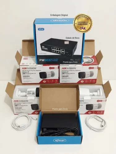 Kit CFTV Hikvision (4 Câmeras IP PoE 2MP) + Switch Knup 8p PoE / 2p Giga + 150m cabo Lan