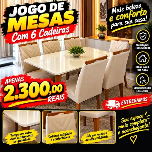 JOGOS DE MESAS DE COZINHA COM 6 CADEIRAS NOVOS 