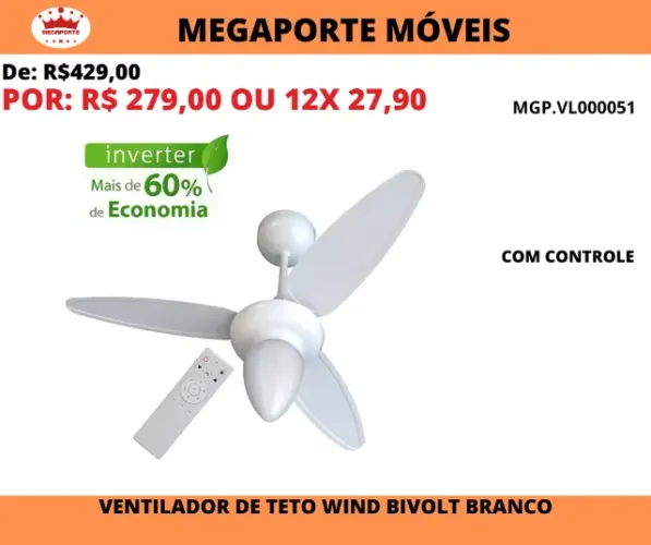 Ventilador de Teto Wind 3P Inverter Ventisol Bivolt