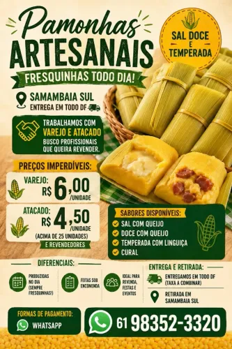 Pamonhas Artesanais Fresquinhas todo dia Varejo e Atacado Sal doce e temperada