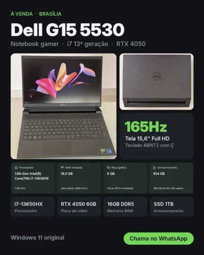 Notebook Gamer Dell G15 5530 i7 13ª RTX 4050 16GB SSD 1TB 165Hz
