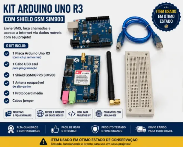 Kit Arduino Uno R3 + Shield GSM GPRS SIM900 + Protoboard e Cabos