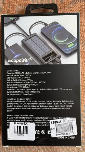 Power Bank ecopower EP-C872 solar cor branca