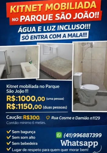 KITNET MOBILIADA NO PARQUE SÃO JOÃO!!! ÁGUA E LUZ INCLUSO!!!