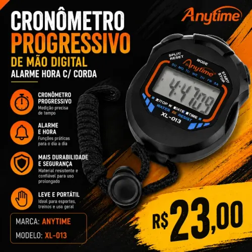 Cronômetro Progressivo De Mão Digital Alarme Hora C/ Corda