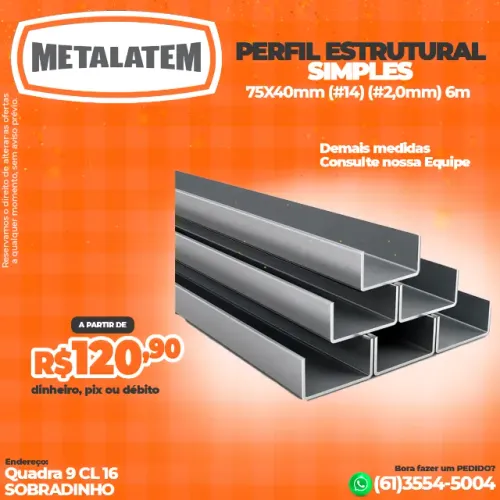 Perfil Estrutural Simples 75X40mm #14 (#2,0mm) 6M
