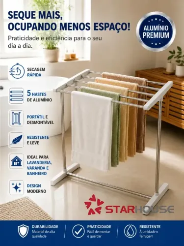 Varal De Chão Portátil 5 Hastes Inox Aluminio Roupas Organizador Compacto Toalheiro Varand