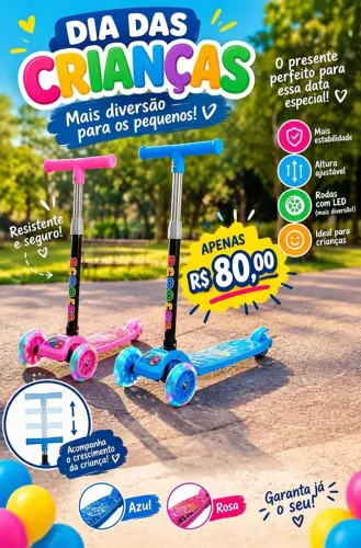 Patinete Infantil 3 Rodas com LED - Promoção Dia das Crianças ?