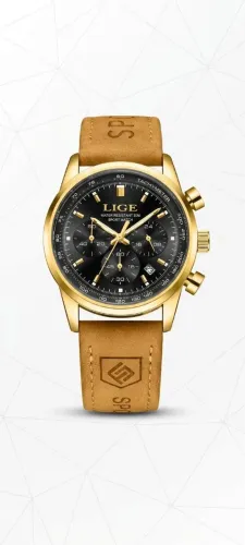 Relógio Premium LIGE Golden Black 89136 Com Cronografos Pulseira Couro Nobuck Caramelo