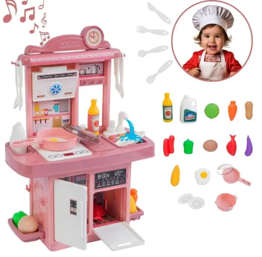 Kit Mini Cozinha de Brinquedo Fogão Geladeira Forno solta Água e som cor Rosa