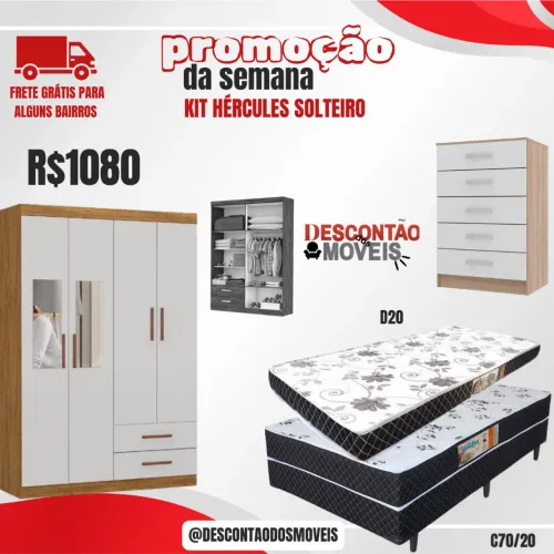 Guarda Roupa Hércules cômoda 5 Gavetas e Cama Box