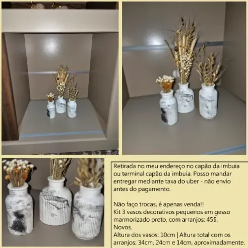 3 vasos pequenos em gesso com arranjos novos
