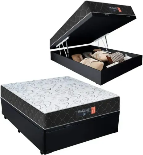 Cama Box Baú Preto + Colchão de Casal Molas Ensacadas 