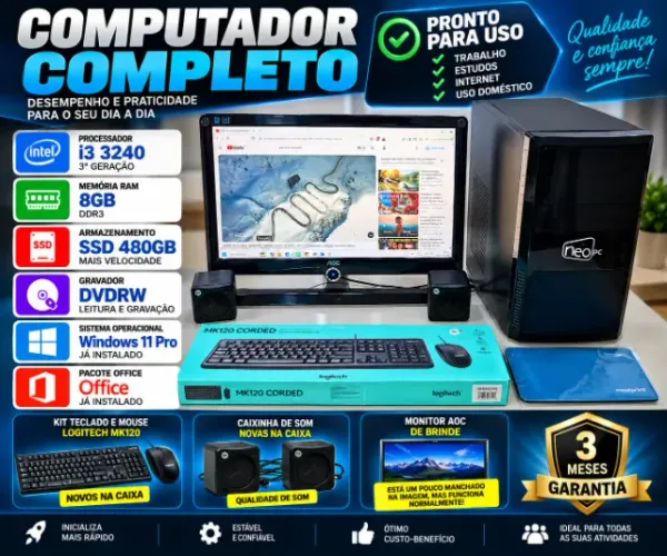 Computador Completo intel i3 3240, 8GB memória, SSD 480GB, Windows 11