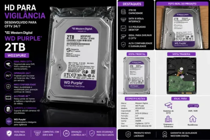 HD 2TB WD Purple 2TB WD23PURZ para DVR/NVR Novo Lacrado