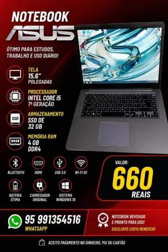 Notebook Asus com processador Intel Corei5 de 7 geração, bateria boa, carregador original