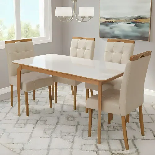 Mesa Alegra 120 Cinamomo/Off White com 4 Cadeiras Sophia Linho Bege 200/ pronta entrega