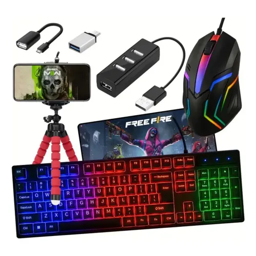 Kit Gamer Mobilador Celular Teclado Mecanico Rgb Mouse Tripé Preto<br>