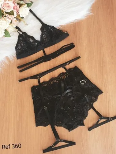  Cj lingerie de renda transparente com a calcinha sutiã estilo strappy bra e cinta liga 
