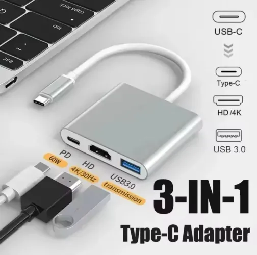HUB Adaptador Tipo C 3 em 1 - HDMI, USB 3.0 e PD Novo