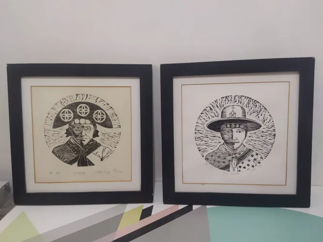 Quadros de xilogravura lampião e Maria bonita pintados em 2003
