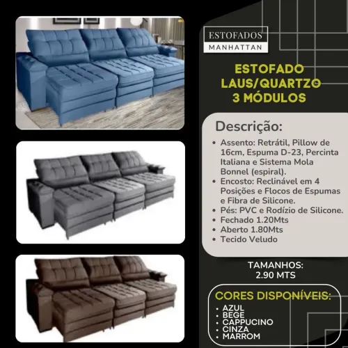 Sofá 3 Modulos Retrátil Laus/Quartzo R$ 2.250,00