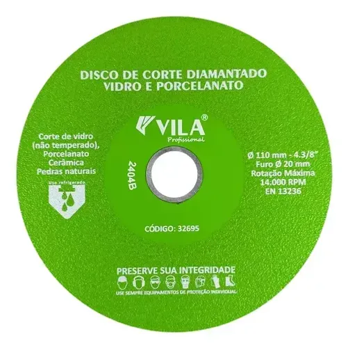 Disco Diamantado Para Vidro Porcelanato Cerâmica 110mm furo 22,22mm Vila