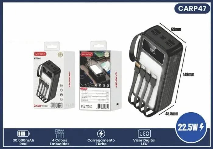 CARREGADOR PORTATIL POWER BANK 30.000 mAh 4 USB 1 SAIDA TIPO C COM LUZ LED
