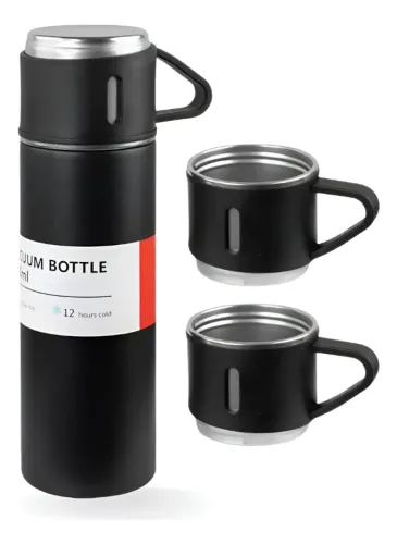 Kit Garrafa Térmica Vacuum Flask Set 500ml Com 3 Xícaras Preto e branco.