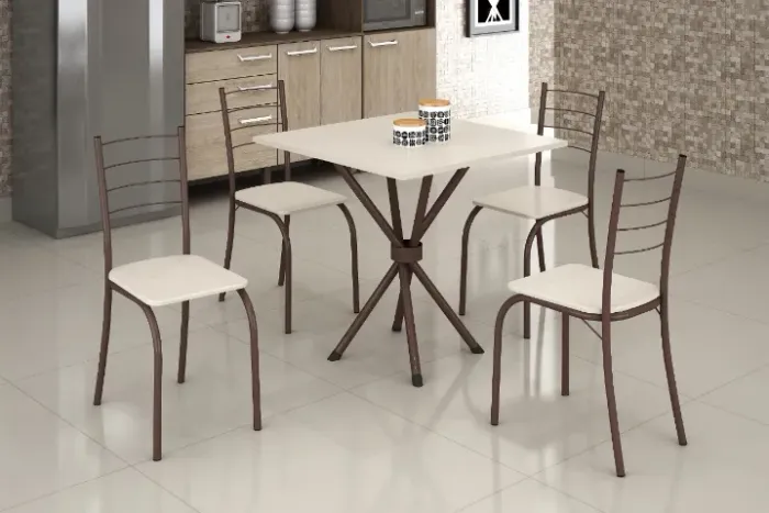 Conjunto Mesa Rio 70x70 Marrom Tmp Ardososia Quadrado Off White com 4 Cds Marrom Creme Tei