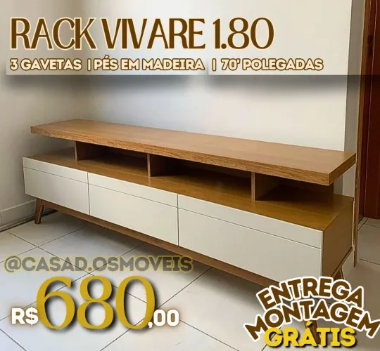 Rack Vivare 1.80 com 3 gavetas e pés em madeira