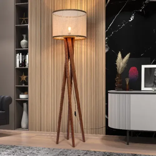 LUMINÁRIA ABAJOUR DE CHÃO COM PÉS EM MADEIRA MACIÇA E CÚPULA EM PALHA NATURAL