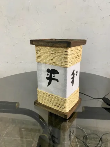 Abajur de mesa luminária de corda com ideograma japonês rústico sala quarto madeira