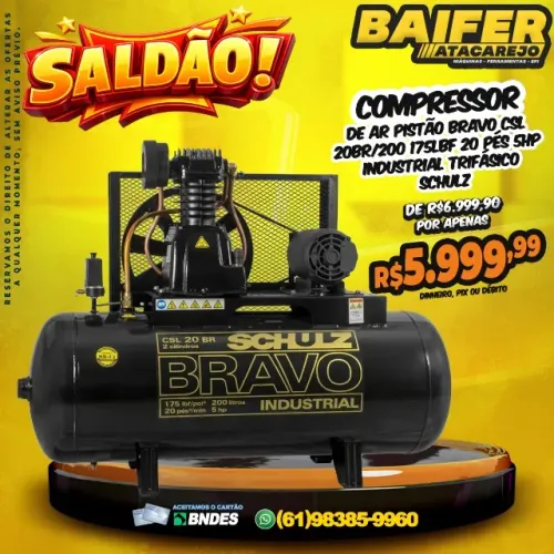 Compressor de AR Pistão Bravo CSL 20BR/200 175Lbf 20 Pés 5Hp Industrial Trifásico Schulz