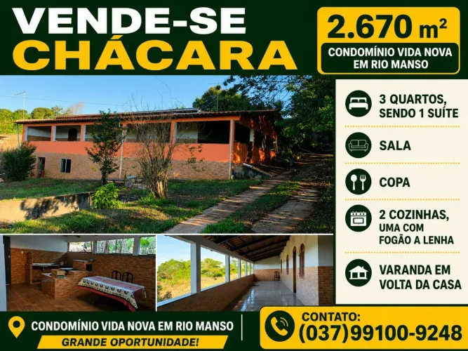 Sítio/chácara com 2670m casa bem estruturada com 3 quartos na região de Rio Manso.