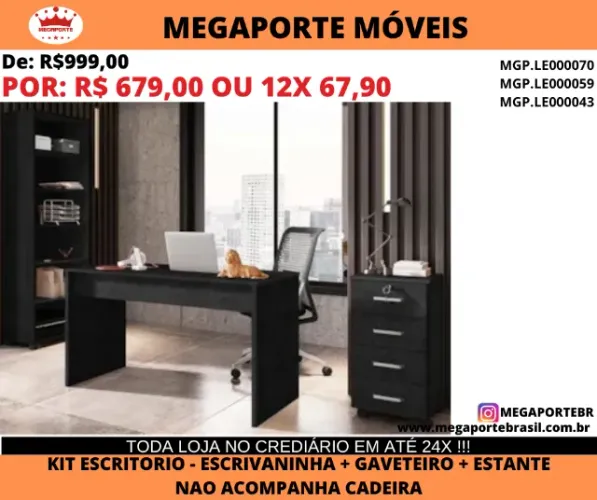 Kit Escritório com Escrivaninha+ Gaveteiro+ Estante 