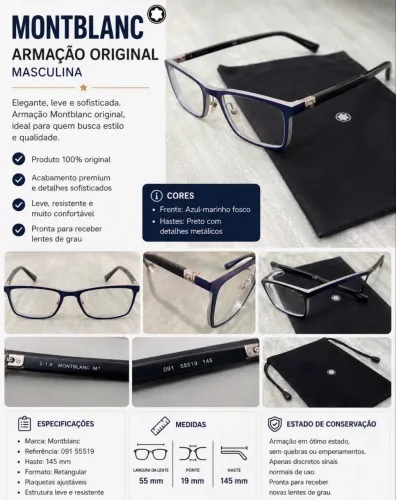 Oculos - Armação Montblanc Original Masculina Azul-Marinho Fosco | Haste 145 mm |