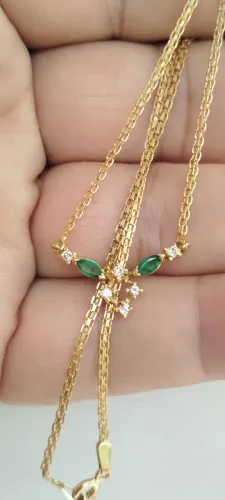 Colar e pingente fixo ouro 18k - diamantes e esmeraldas - 40cm