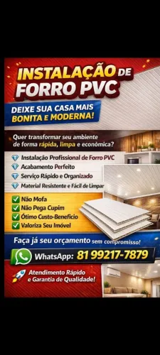 Trabalho com INSTALAÇÃO de forro PVC, entre em contato para um orçamento seu lar agradece.