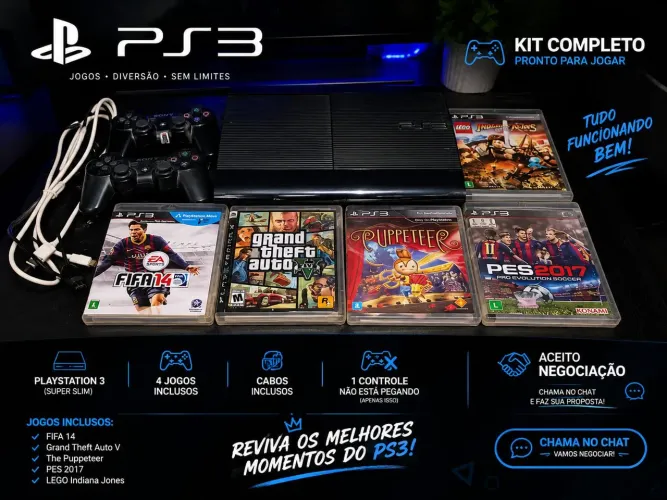 Vendido play 3 +5 jogos! Cambos inclusos. 1controle não funciona. negócio no play4