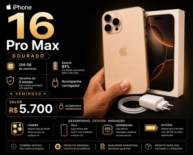 iPhone 16 Pro Max Dourado 256GB | Bateria 91% | Garantia 3 Meses | Original Apple