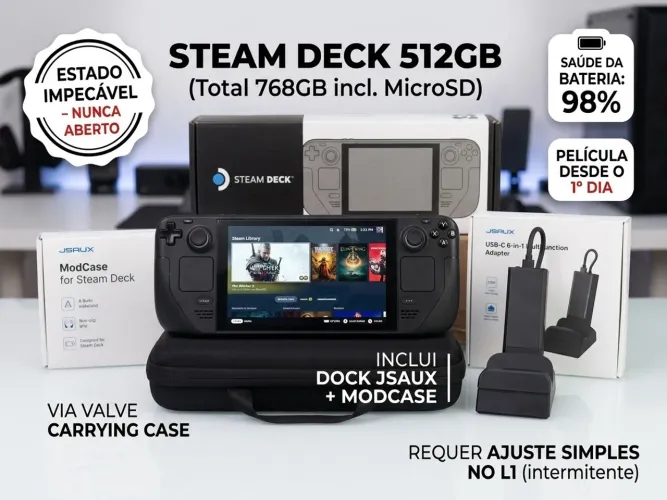 Steam Deck 512GB + Cartão 256GB (768GB Total) + Dock & ModCase JSAUX + Caixa - R$ 3.200