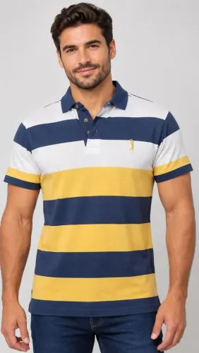 Blusa Polo da Aleatory Azul e amarela tamanho P, bonita, original, bem confortável, macia.