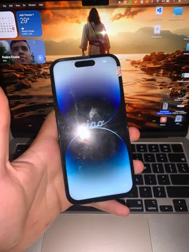 iphone 14 pro, traseira trincada, tela trocada e bateria em 79%