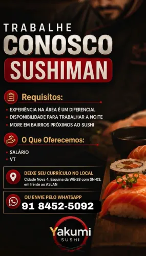 Vaga para sushiman ou aux. De sushiman