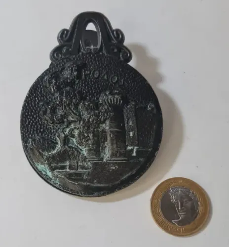 Antigo Prendedor de Papel Dupla Face em Bronze - Souvenir "Colosso de Rodes" (Grécia)Desc