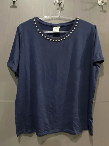 blusa com detalhes em strass, tamanho g, azul marinho, malha