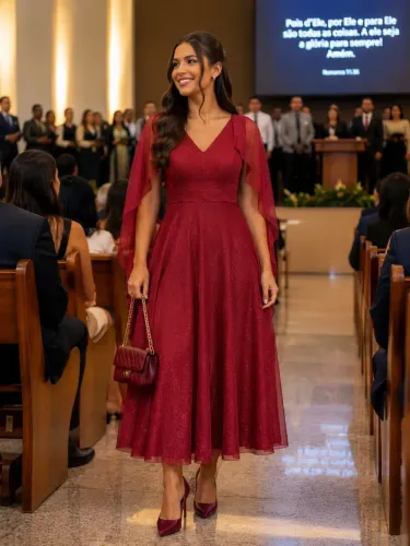 Vestido de Festa Marsala/Vinho Brilhante Madrinha - Tam M