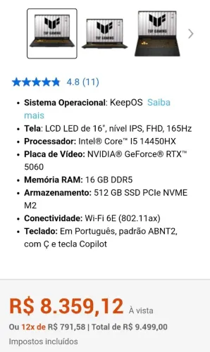Tuf F16 RTX5060 14450HX 16gb/512gb (Lacrado c/NF e garantia)
