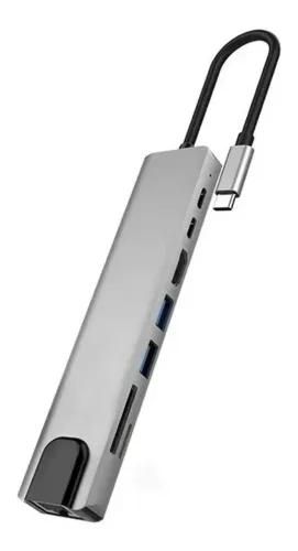 Adaptador Hub Usb Tipo-c 3.0 8 Em 1 Macbook Pro Hdmi Rede Prateado